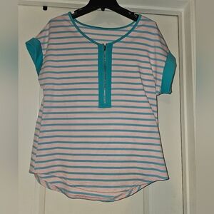 Striped Pink and Teal Zip-Up Top